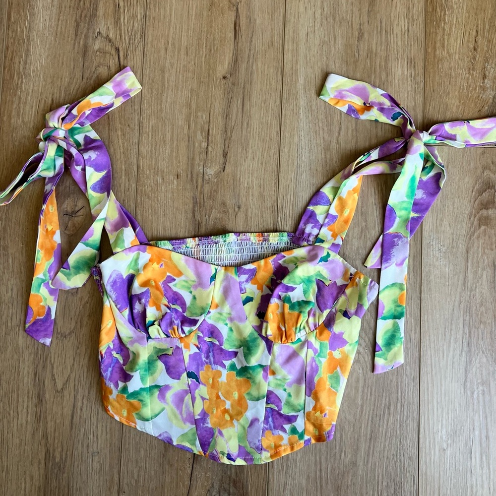 SHEIN Floral Tie-Shoulder Crop Top - Purple, Green & Orange